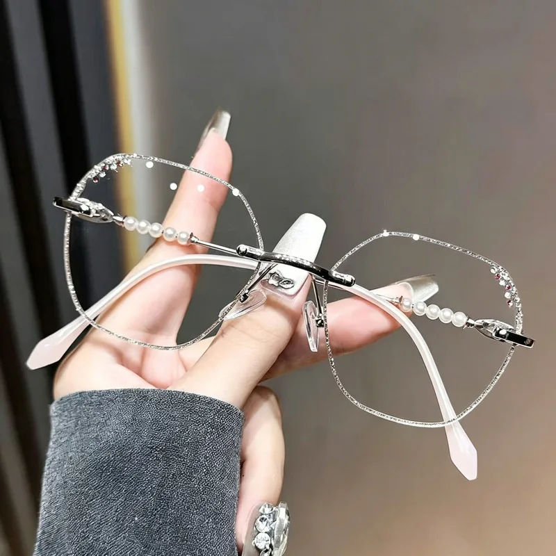 Korean version large-frame eyeglass frame with pearl decoration for blue light protection