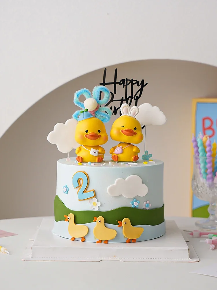 Creative Styling Cartoon Little Yellow Duck Birthday Cake Topper Decoration Doll Resin Duckling Anniversary Fairy Tale Figurine