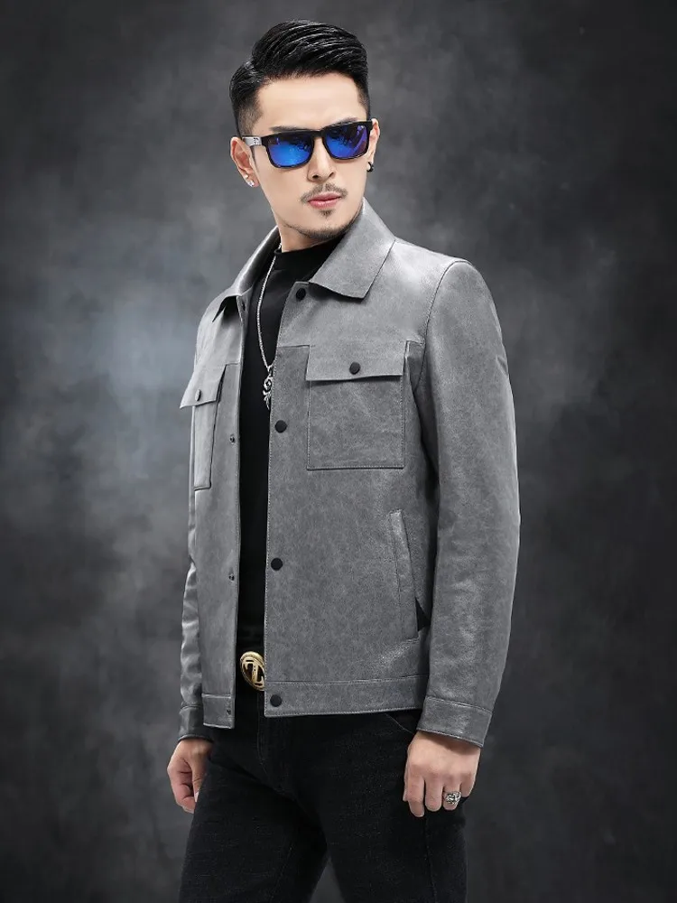 Fashion Autumn New Mens Slim Fit Single Breasted  Sheepskin Genuine Leather Jacket Business Casual Work Coat Real Leather Jacket