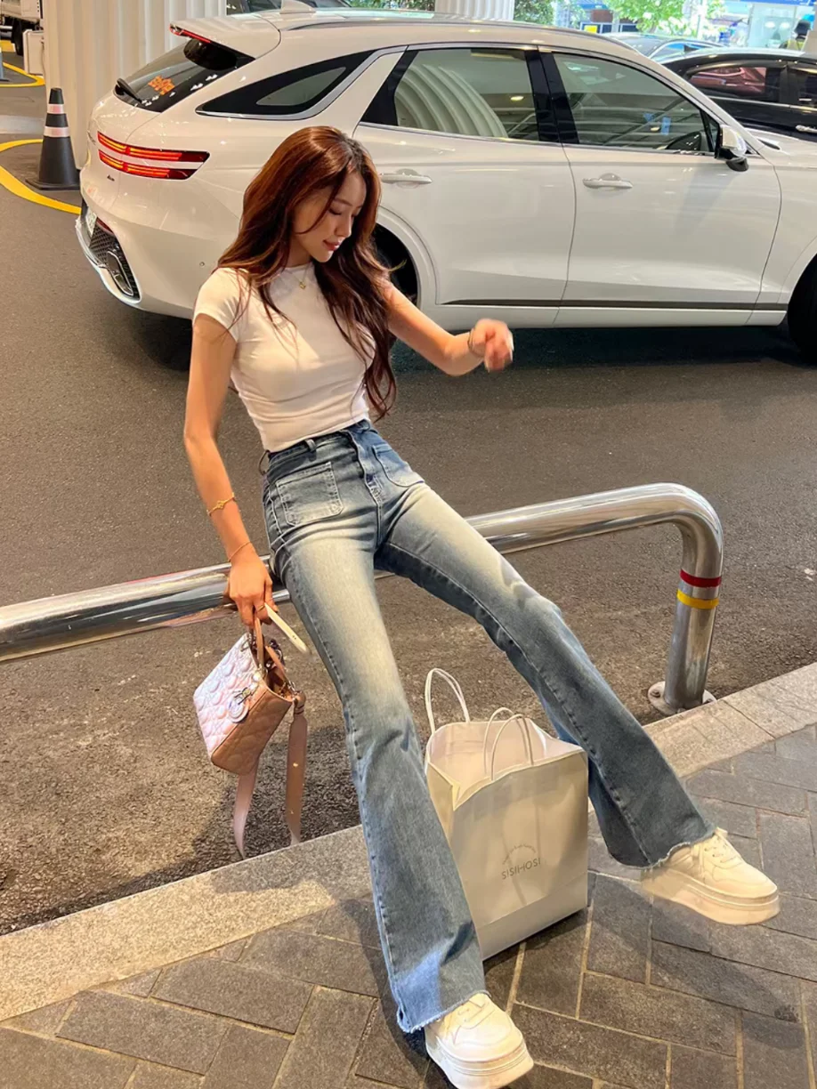 

High Waist Women's Jeans with kets Elastic Slimming Boo Pad Light Blue Denim Pants Flared Long Trousers Cotton Stretch
