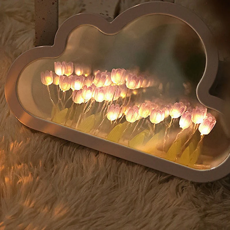 Cloud-Mirror Night Light Handmade DIY Tulip Girl Living Room Night Light Small Mirror Desktop Light-Emitting Ornaments