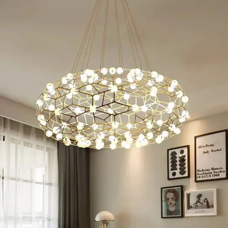 Modern Full star living room chandelier simple creative round wave bird's nest light stainless steel decorative hotel chandelier