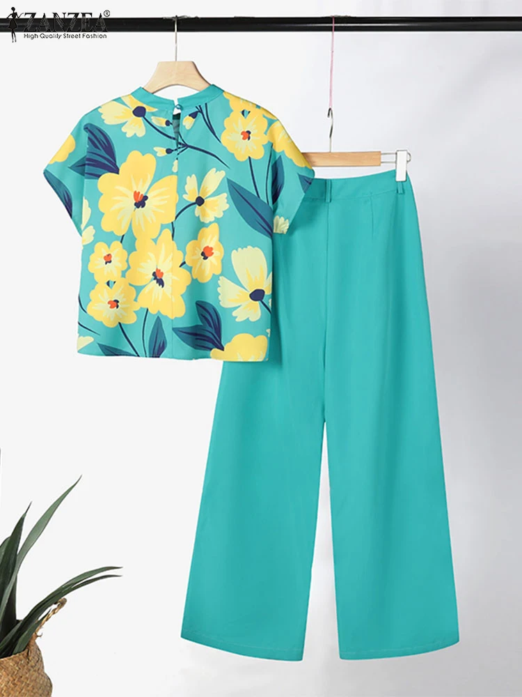 ZANZEA Summer Women Pant Sets Casual Holiday Elegant Floral Print Short Sleeve Blouse 2pcs Outfits Wide Leg Trouser 2-Piece Sets