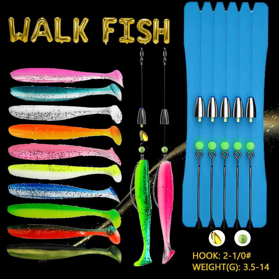 WALK FISH 5 Set Texas Rig Jig Lead Head Fish Line Combination With 10PCS Soft Bait Binded Barbed Hooks Spoon VIB Fishing Tackle