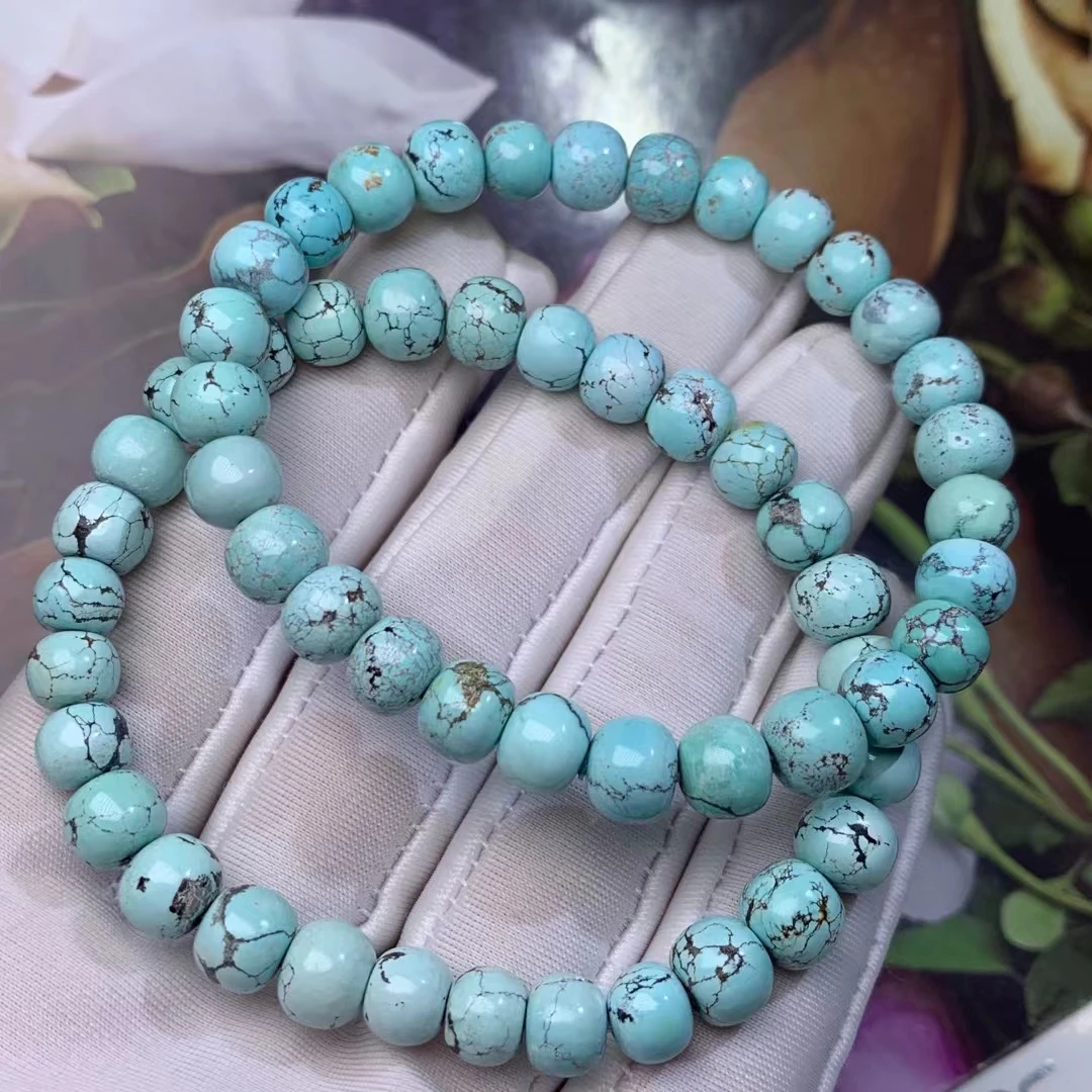 Natural Blue Green Turquoise Barrel Beads Bracelet 7.7mm Woman Men Blue Turquoise Gemstone Jewelry AAAAA