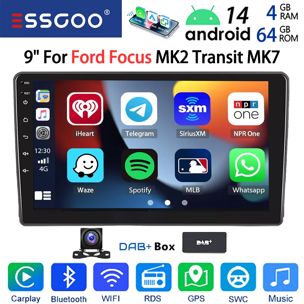ESSGOO 9" HD Scherm Android 14 Autoradio met Draadloze CarPlay Android Auto voor Ford Transit MK7 Focus Galaxy Connect Fiesta Kuga GPS Navigatie WiFi FM Bluetooth Mirror Link Multimedia Speler