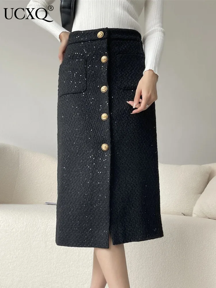 

UCXQ Temperament Gold Single Breasted Designer Tweed Skirt For Women Elegant High Wasit Black Slim Skirts 2024 Autumn New 3A4091