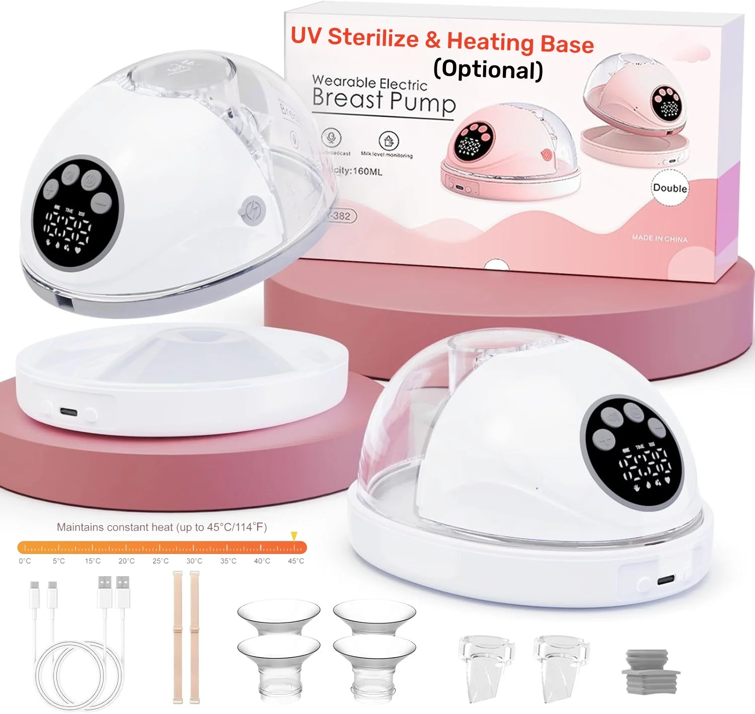 Elektryczny laktator do noszenia, bez użycia rąk, bez BPA, z opcjonalną podstawką z funkcją sterylizacji UV i ogrzewania, przenośny, bezprzewodowy laktator.