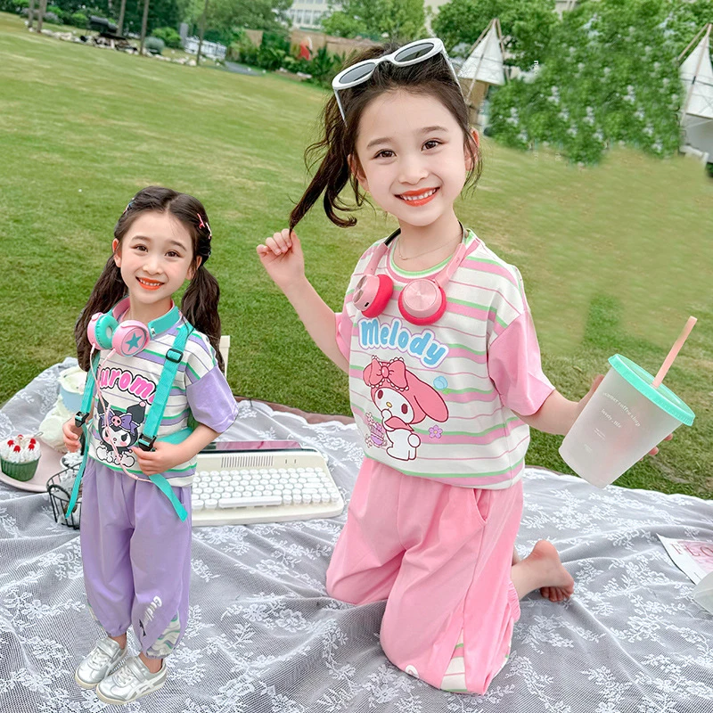 New Sanrio Girl Summer Short Sleeve Set Kawaii 2Pcs Cartoon Fashion My Melody Printed Cute Stripe T Shirt Pants Children Suit