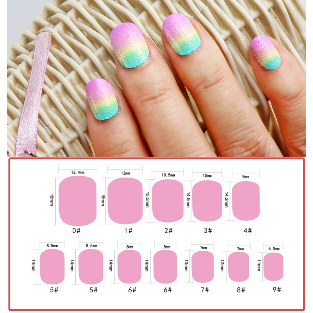 24 Pieces Rainbow Kids False Nail Art Tips Pre-glue Macarons Children Press on Nails Short Full Cover Artificial Fake Nails