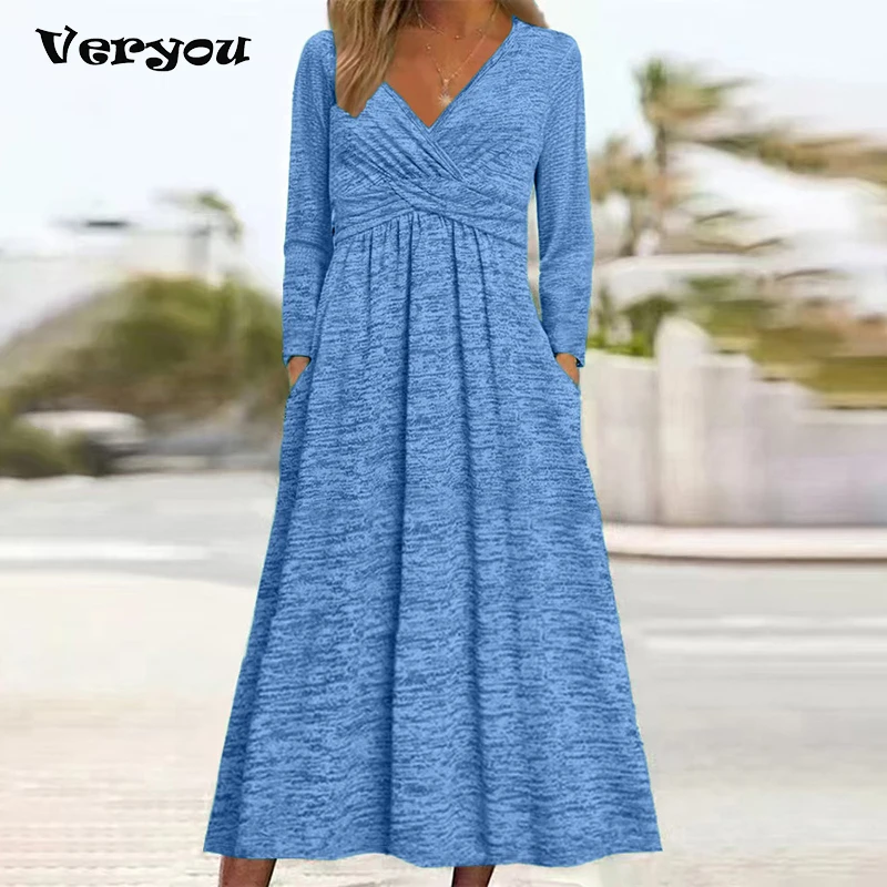 

Осень-зима, повседневное вечернее платье с длинным рукавом и v-образным вырезом, женское модное платье трапециевидной формы макси для женщин, элегантное свободное длинное платье