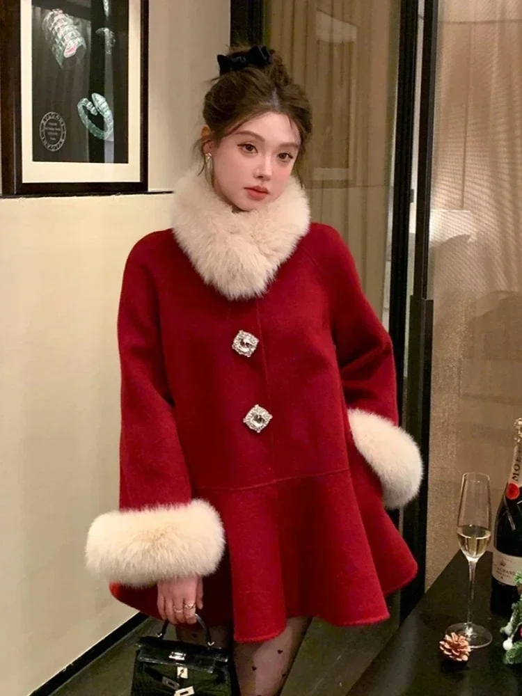 

2025 New Autumn Winter Women Warm Cashmere Wool Jacket Clothing Mid-length Rhinestone Button Real Fox Fur Woolen Coat Female
