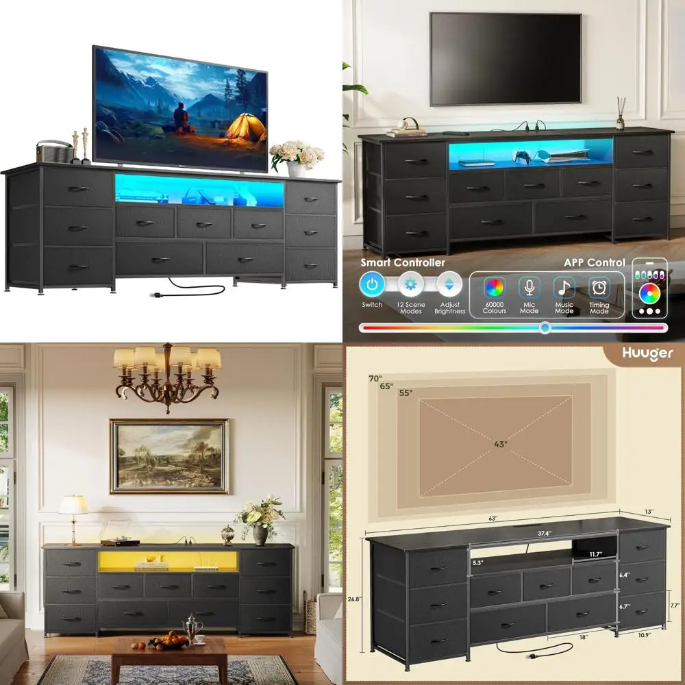 65-70 Inch TV Console with 11 Drawers, LED Lighting, and Power Outlets Entertainment Center