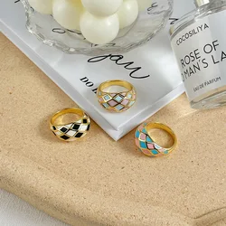 ENFASHION Chunky Rings For Women Gold Color Grid Colorful Ring 2021 Stainless Steel Fashion Jewelry Gifts Bague Femme R214135