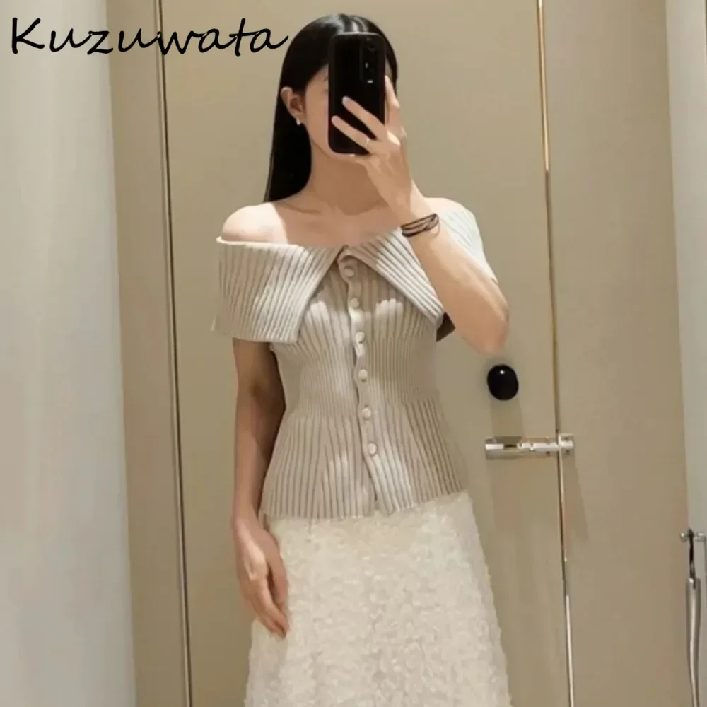 Kuzuwata New Moda Big Turn-down Collar Sleeveless Cardigan Off Shoulder Slim Fit Single Breasted Jumper Japan Knit All-match Top