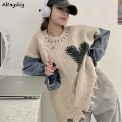 Pullovers Women Knitted Denim Patchwork Heart Loose Casual Tops Fashion Streetwear Vintage Cozy Spring Autumn Holes Tender New