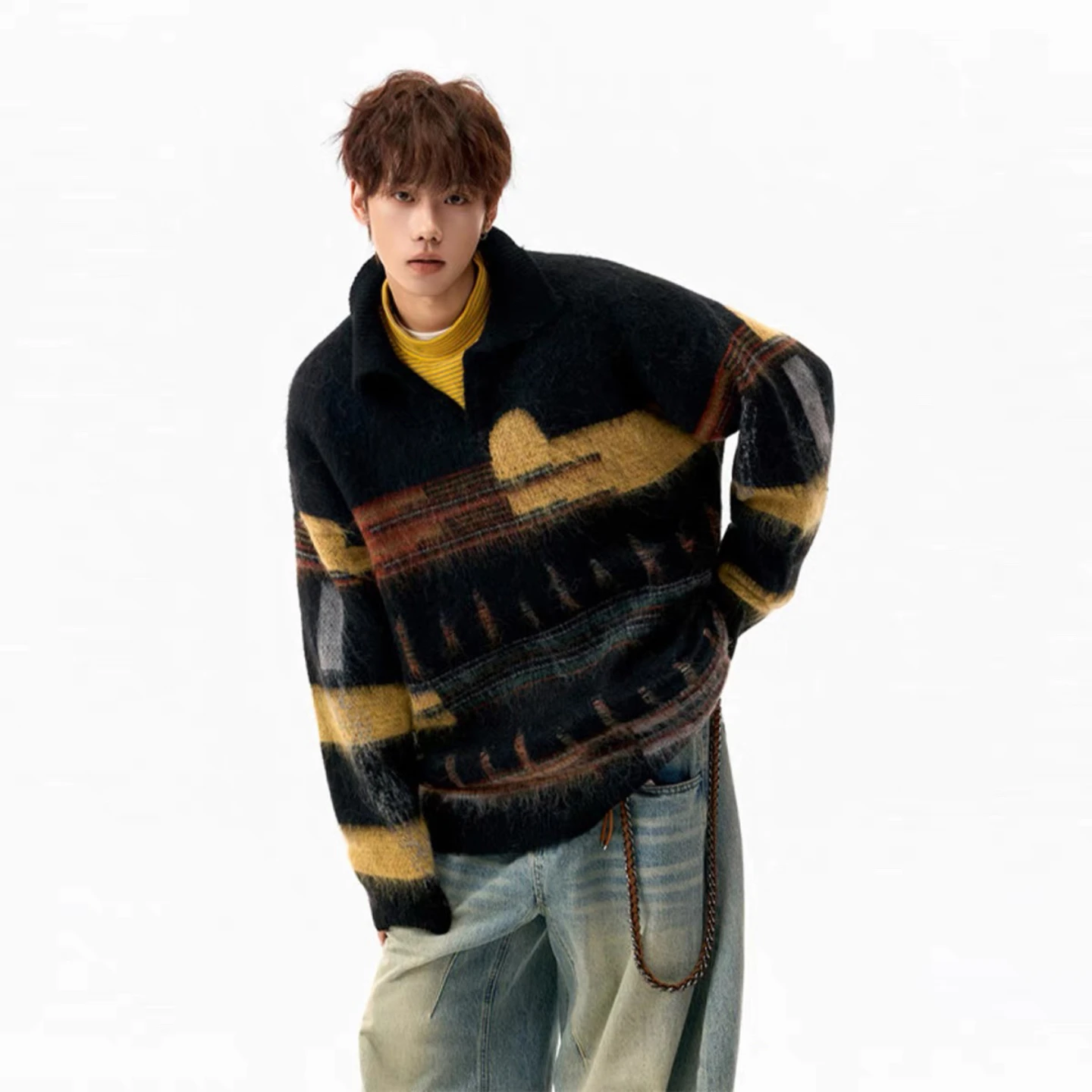 

Американский свитер с асимметричным воротником и цветными вставками, унисекс, осенне-зимний, модный, свободный, повседневный, вязаный, для пар