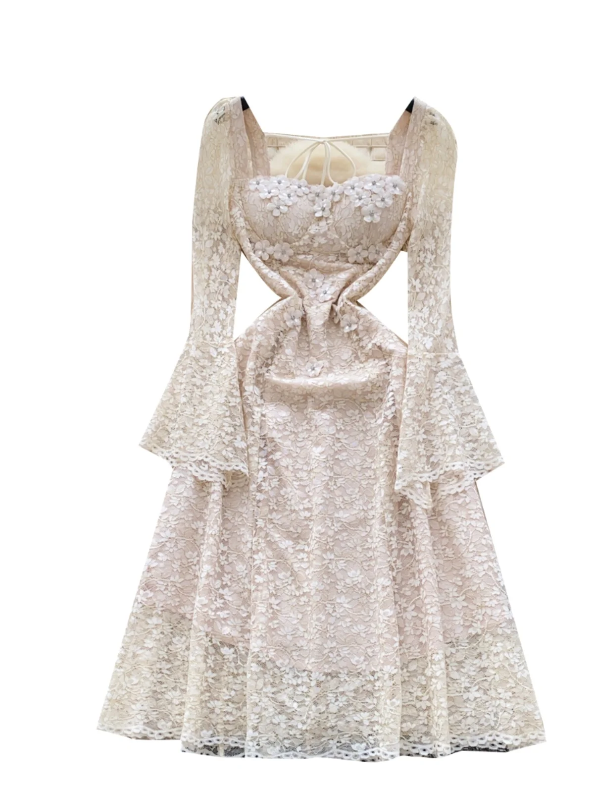 Ele Heavy Embellied Lace Dr Square Collar Bell Sve Waist Cinched Hollow Out Floral Stickerei mittellanges A-Linien-S...