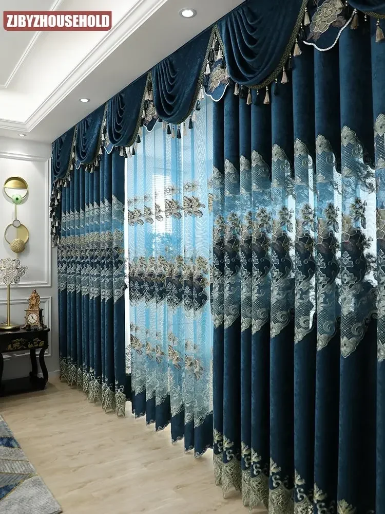 New Simple Retro European Curtains for Living Room Bedroom High-end Chenille Luxury Hollow Embroidery Villa High-end Customized