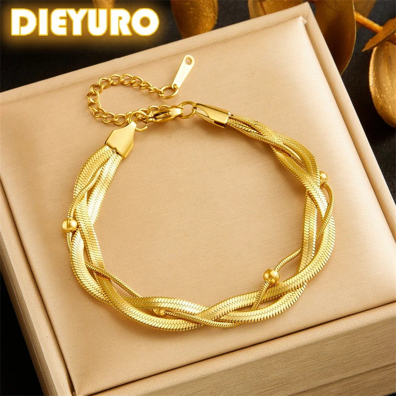 DIEYURO 316L Stainless Steell 3-layer Woven Snake Bone Bracelet Women 2024 New Concise Trend Non-fading Hand Chain Jewelry Gift