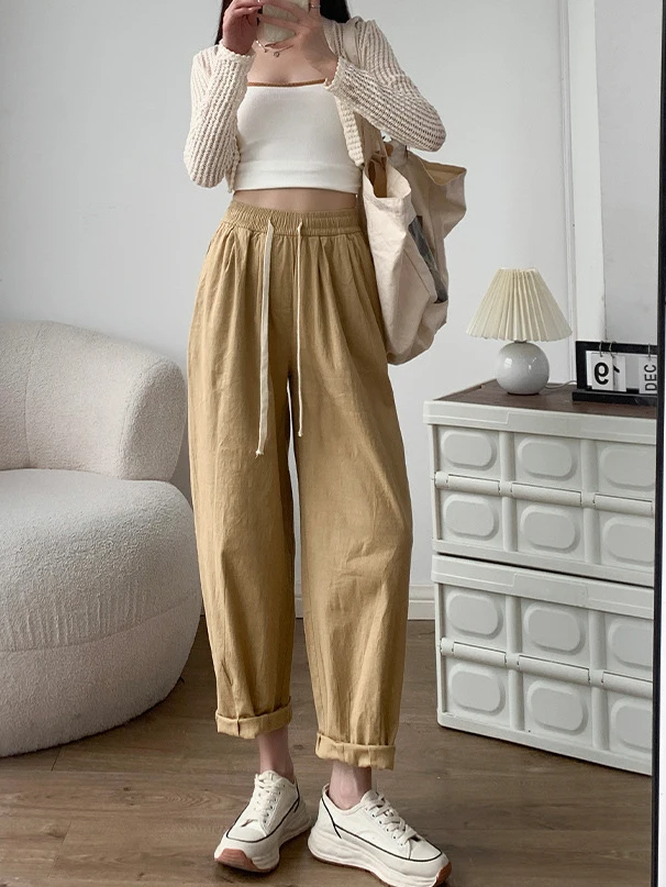 Cotton Linen Harem Pants for Women 2024 Spring Summer Gray Basic Soft Slim Ankle-length Trousers Women's Cargo Pants Joggers