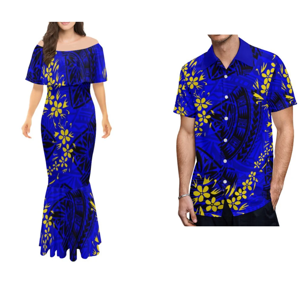 Hawaiian Dress Ruffled One-Shoulder Dress High Quality Custom Couple Dress Men's Shirt Party Dress Printed Polynesia