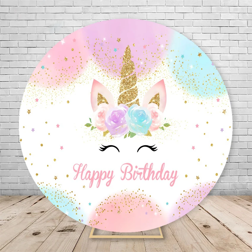 Newborn Baby Shower Rainbow Unicorn Round Photo Background Glitter Kids Birthday Decor Circle Polyester Backdrop Photography