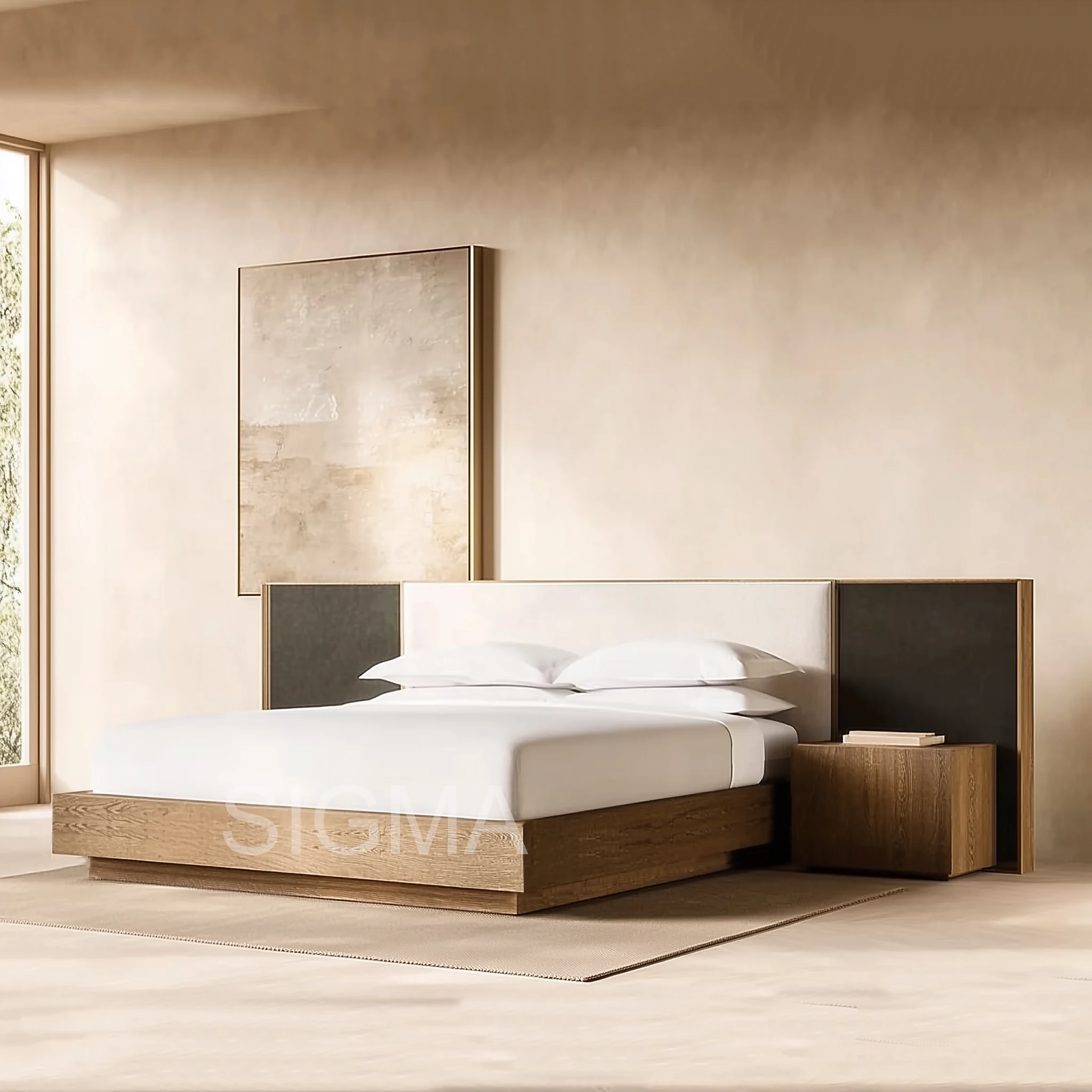 Sigma Modern Double Bed Walnut Oak Finish King Queen Sizes Panel Batten Headless Design for Bedroom Hotel Apartments Storage