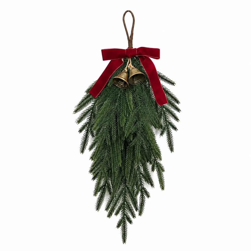 20 Zoll künstliche Weihnachts-Hängedekoration mit roter Samtschleife und Glöckchen, künstliche Kieferngrün für Weihnachtstür, Heimdekoration, Feiertagsdekoration, Navidad-Dekor – Detail 8