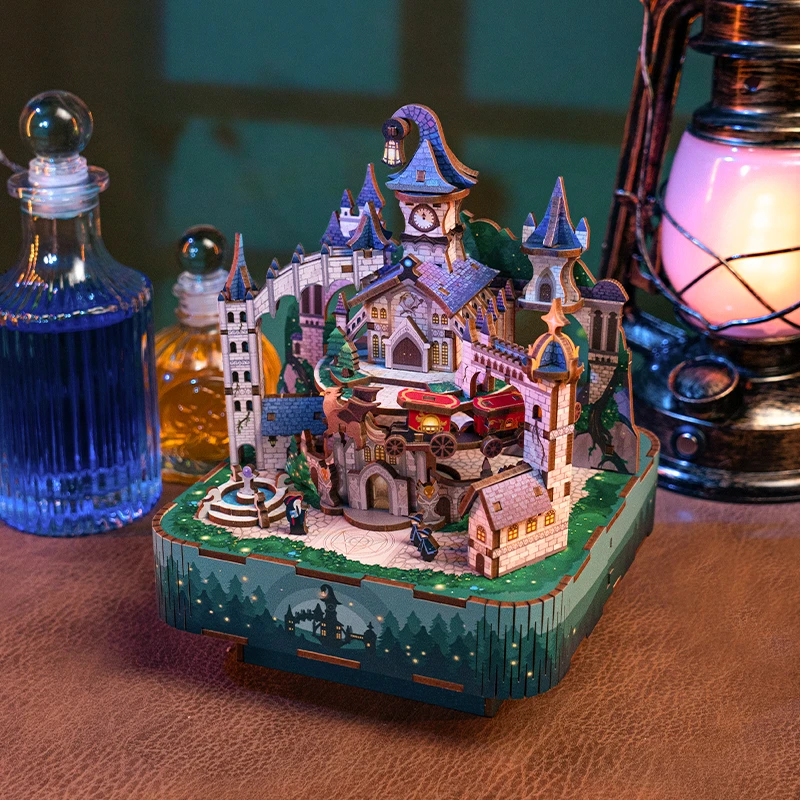 DIY 3D Wooden Magic Castle Music Box Miniature Model Kits Jigsaw Puzzles Train Can Move for Children Birthday Gifts Home Decor