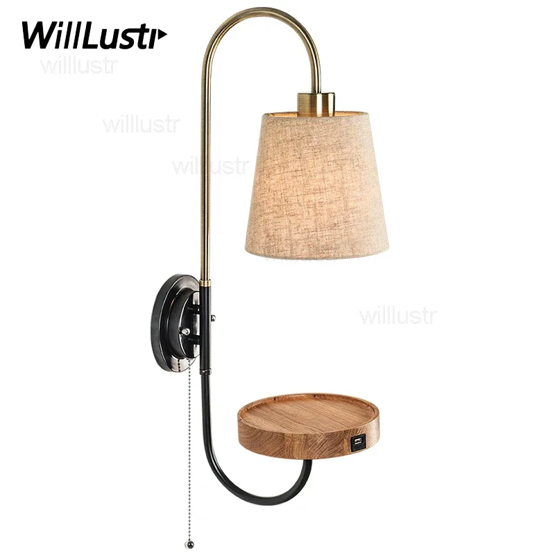 New design wall Lamp with oak wood round table USB power interface modern nordic wall sconce bedside sofa side bedroom light