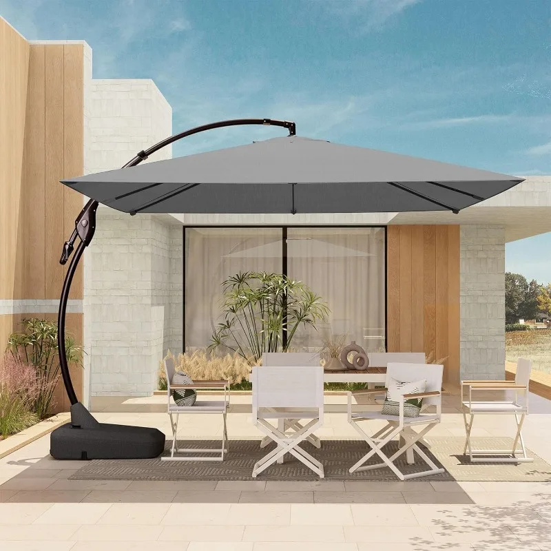 10X10 FT Sunbrella Offset Umbrella with Base Outdoor Square Aluminum Cantilever Umbrella Shade with Easy Tilt Adjustment