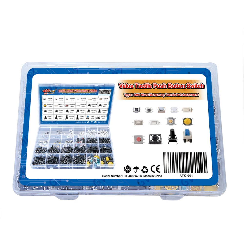 460PCS 24 Values Tactile Push Button Switch SMD Micro Momentary Tact Switch Assortment Kit for Car Remote Control with Box 3X4X2