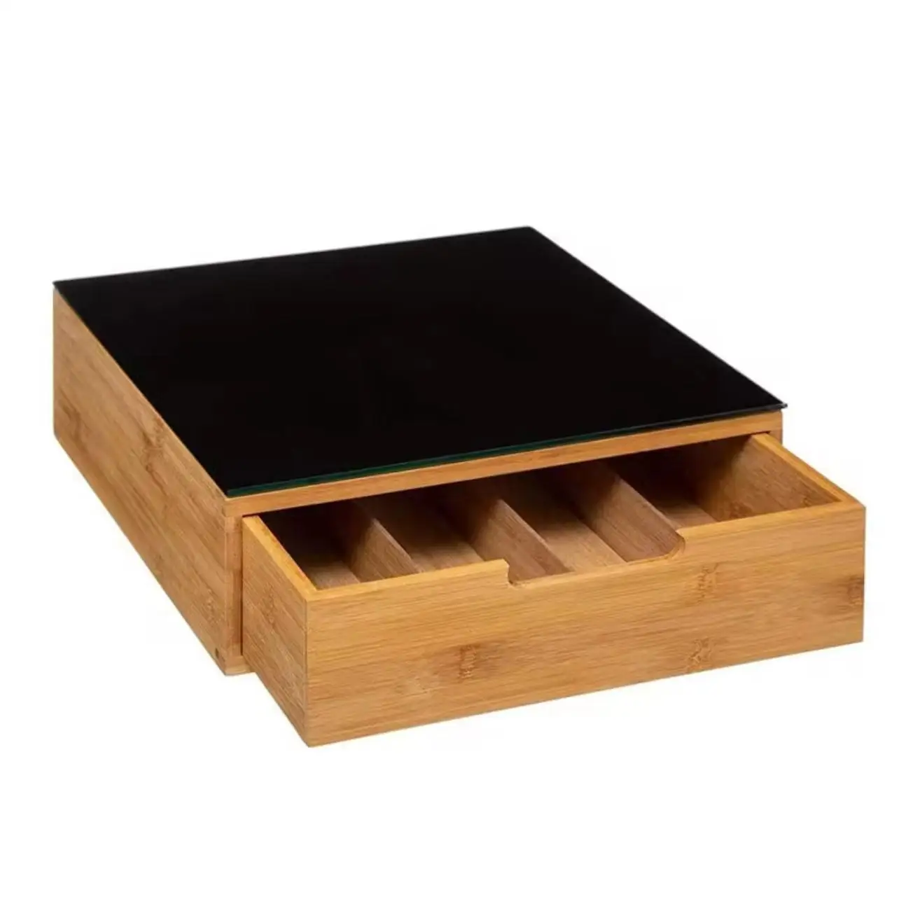 ORION91oficial® - Cajón Almacenamiento Organizador Cajón, Cajonera De Almacenamiento Bambú y Cristal Negro Para Cocina, Baño, Oficina 30 x 30 x 10cm - SpazioLuzio