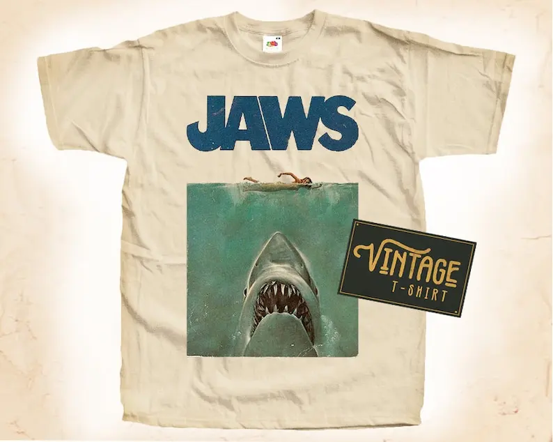 JAWS Horror V1 T shirt Tee Natural Vintage Cotton Movie Poster Beige All Sizes