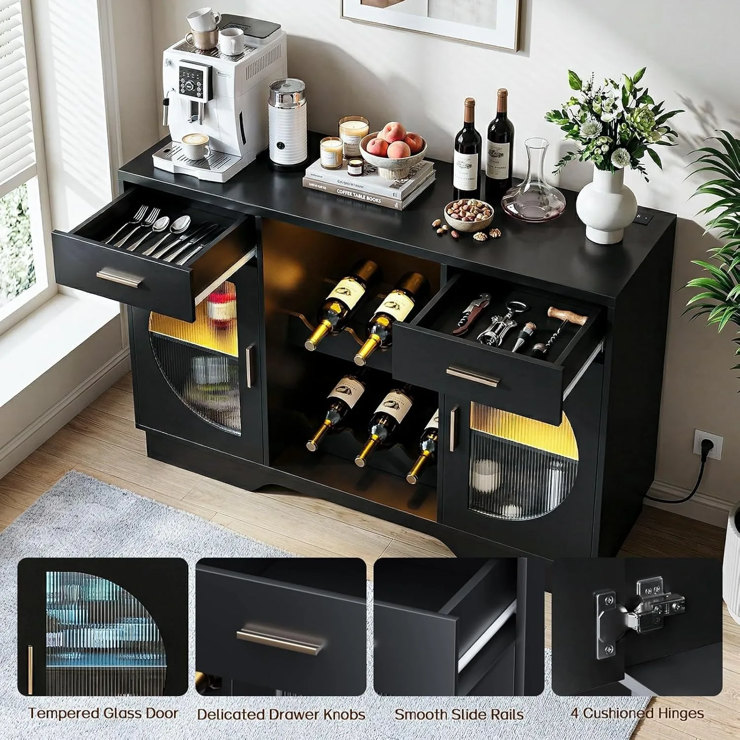 Coffee Bar Cabinet with Fridge Space Wine Bar LED Lights Power Outlet Glass Doors Freestanding Liquor Cabinet Black image 11