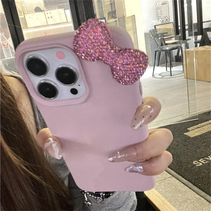 Rhinestone Bow Litchi Pattern Leather Shockproof Phone Case For iPhone 16 15 14 13 12 11 Pro Max 7 8 Plus X XS XR Soft Case