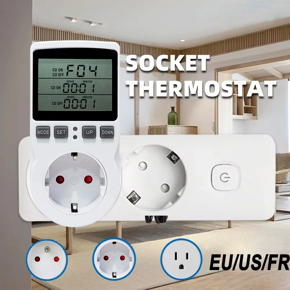 EU FR Plug Socket Thermostat Digital Temperature Controller Socket Outlet With Timer Switch Sensor Probe Heating Cooling