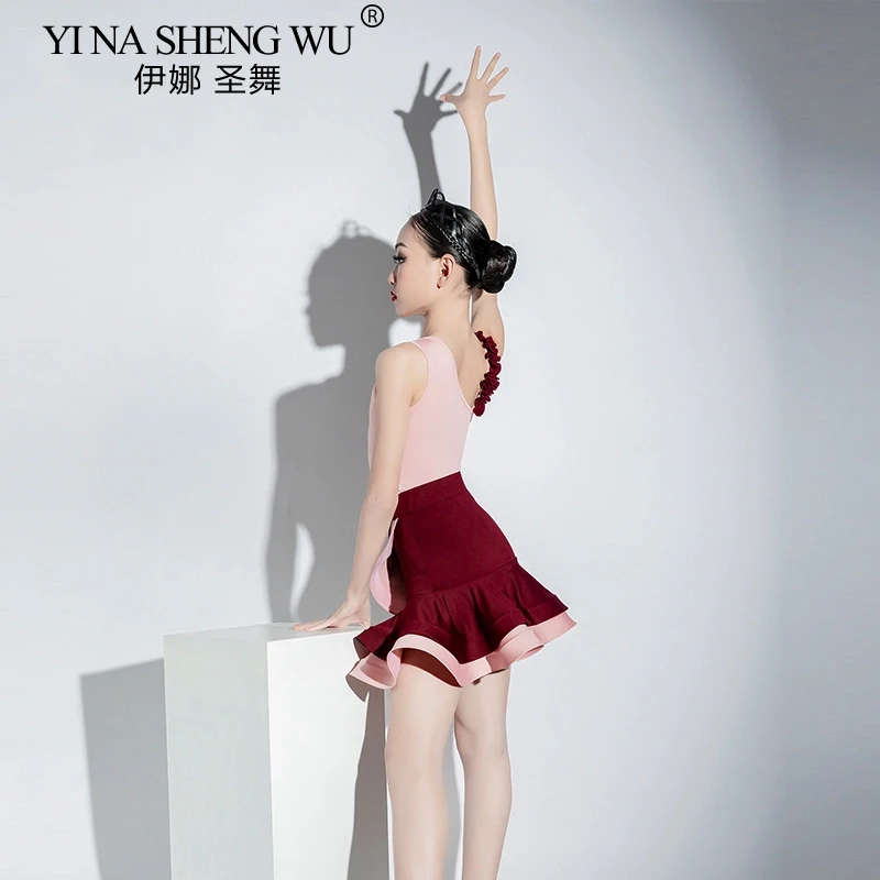 Robe de danse latine pour filles, ensemble body d'entraînement de Salsa Cha Cha et jupe à volants, combinaison d'entraînement professionnelle fendue pour enfants