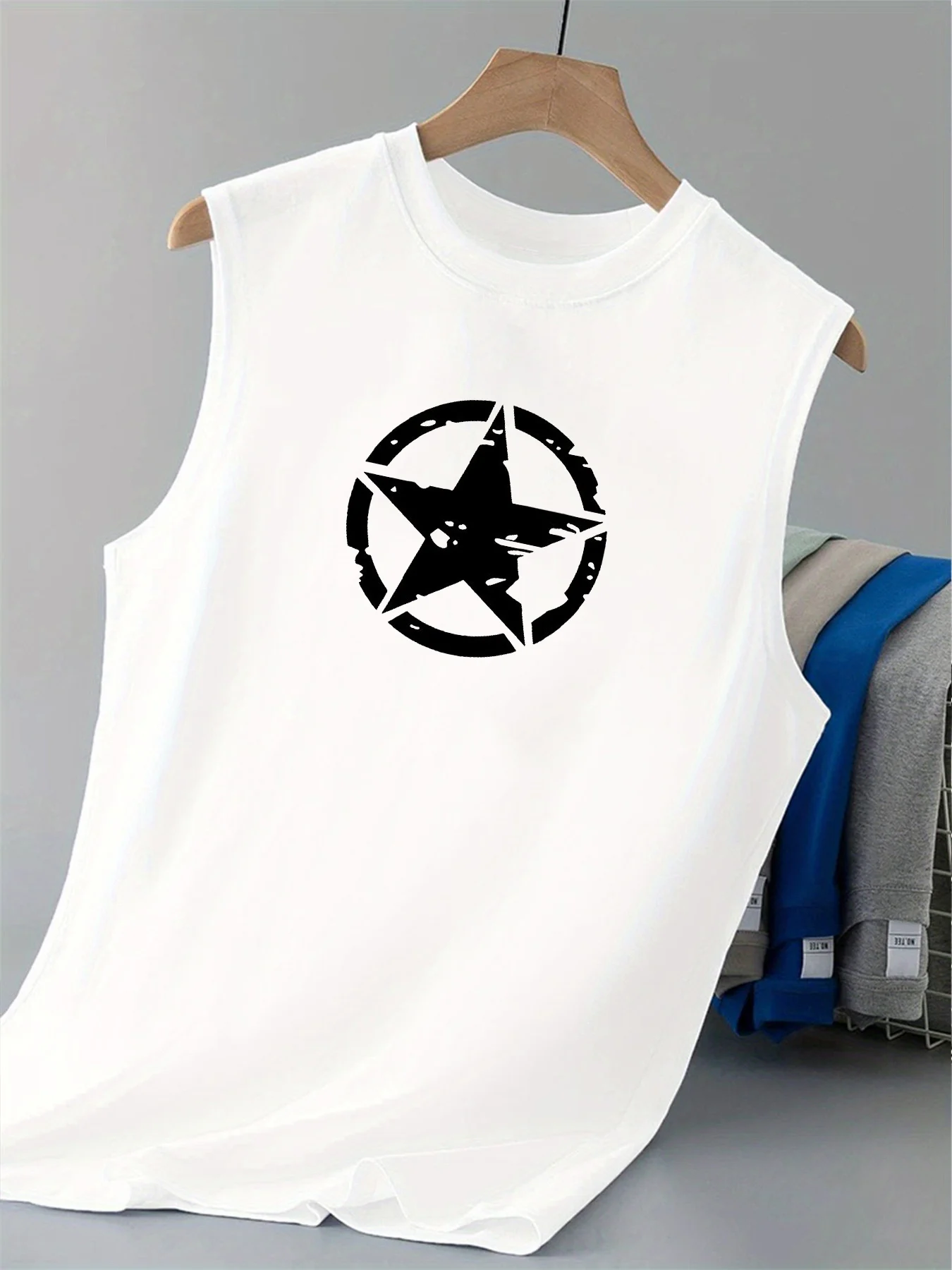 100% pure cotton men's summer fashionable casual loose five pointed star printed fitness breathable round neck sleeveless vest