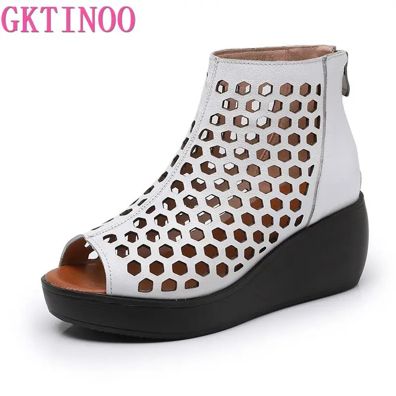 Gktinoo 2024 Zomer Dames Sandalen Echt Lederen Wiggen Hoge Hak Platform Holle Peep Toe Dames Schoenen Zapatos De Mujer