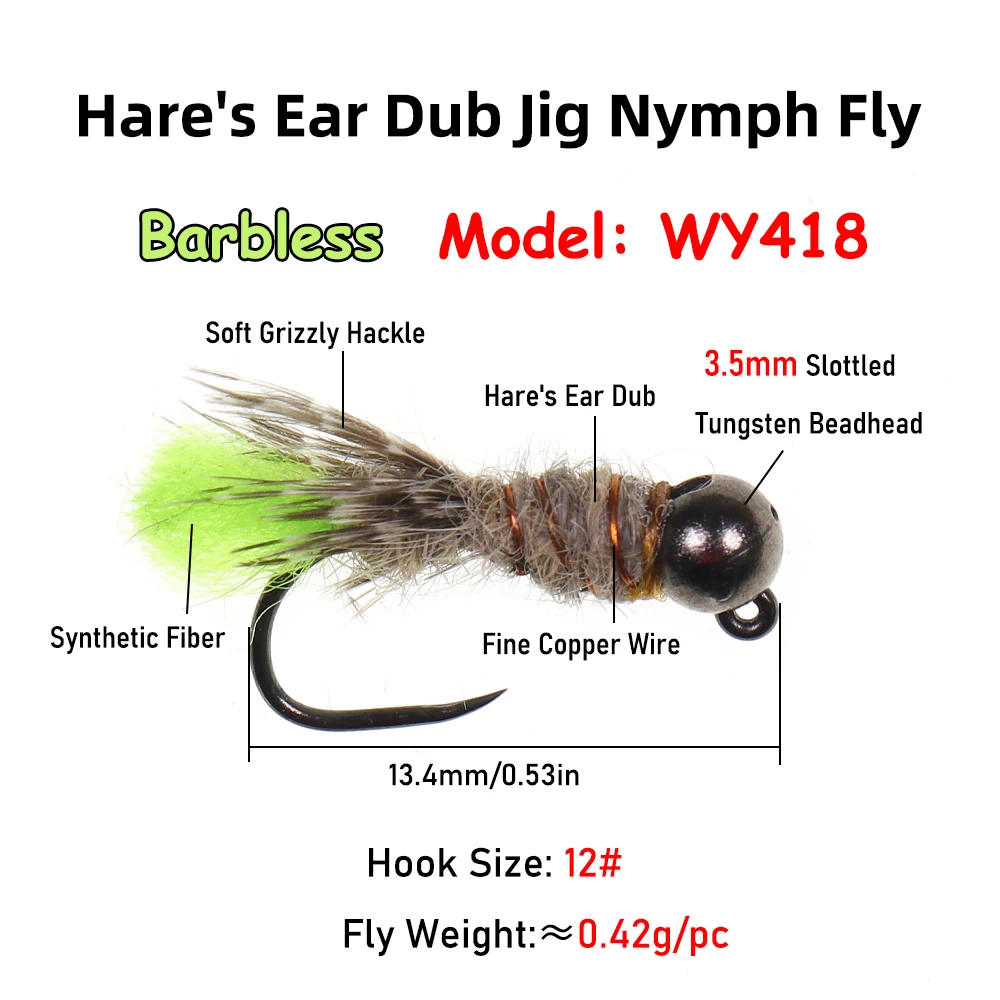 Wifreo 6pcs 12# 14# Hare's Ear Dub Jig Nymph Flies Slotted Tungsten Bead Head Non-barbed Jig Hooks Fly Fishing Trout Bass Lure