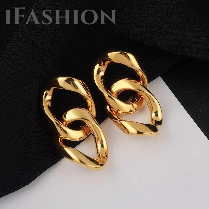 

IFASHION Chain Stud Cuba Earrings 18K Gold Import Solid Yellow Real Gold Jewelry(AU750)For Women Tassel Geometric Fashion Lady