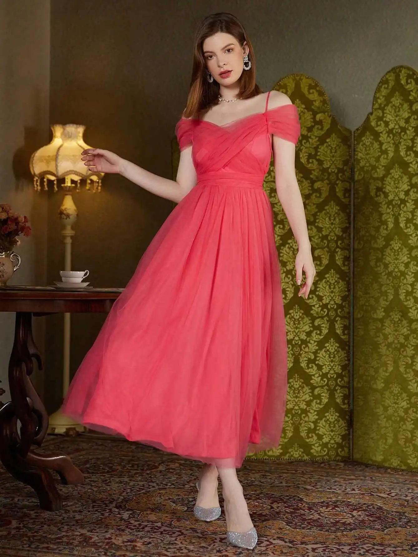 Moda nueva elegante mujer Primavera Verano vestido de malla con cuello en V señora ropa de boda A-Line Falda plisada chica regalo de fiesta Dr01