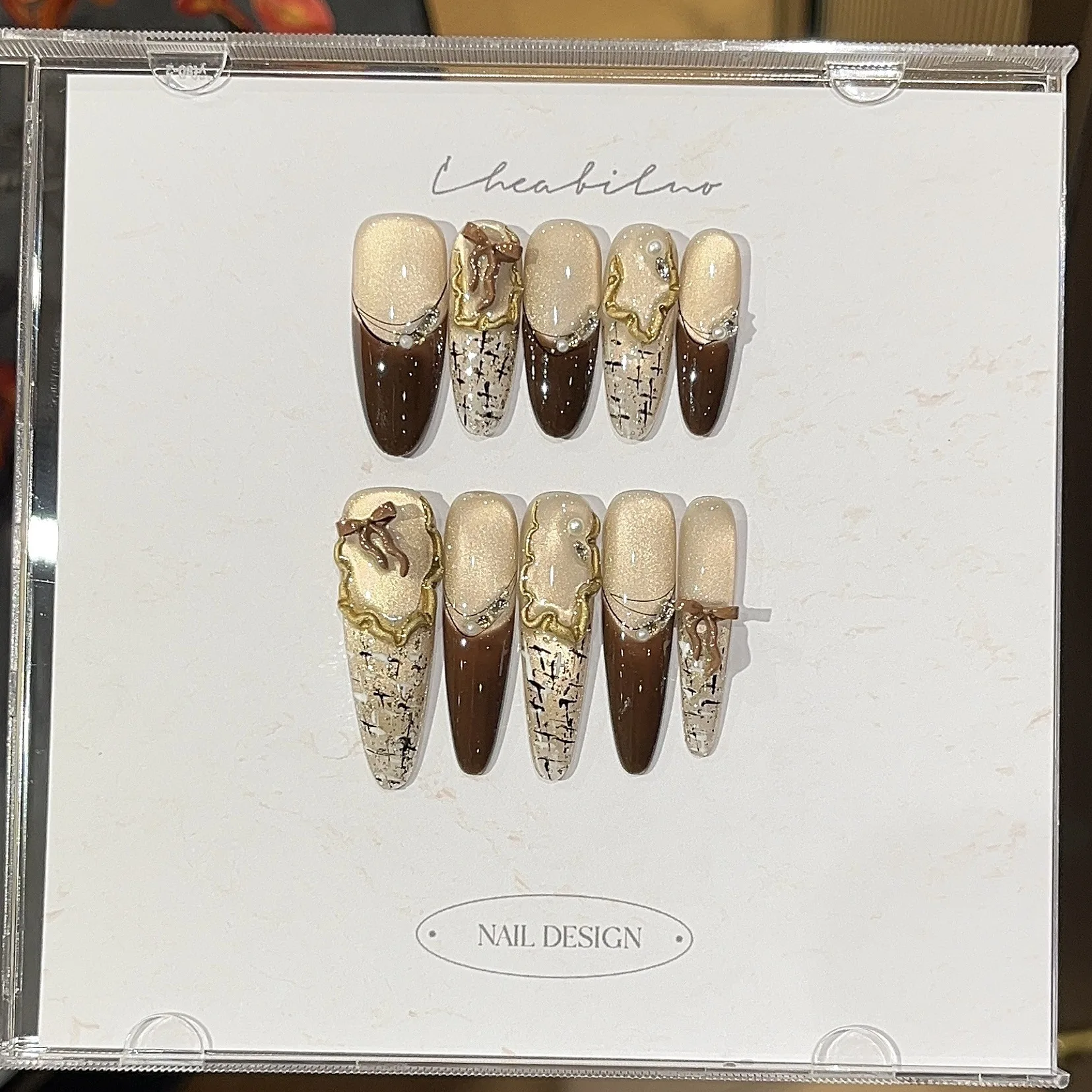 10 قطعة الصحافة الاكريليك اليدوية على الأظافر الرجعية الباروك خطوط مرآة سحرية مسحوق القط العين مزاجه الفرنسية يرتدي أظافر صناعية #4