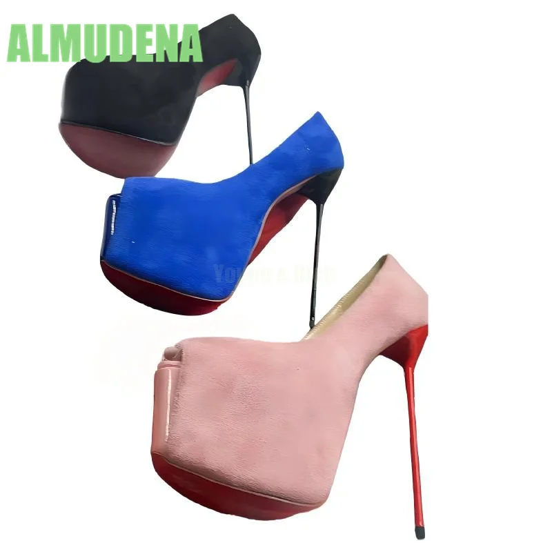

Suede Fish Mouth Pump Leather Color Blocked Splicing One Foot Thick Sole Waterproof Platform Temperament, Slim High-Heeled Shoes