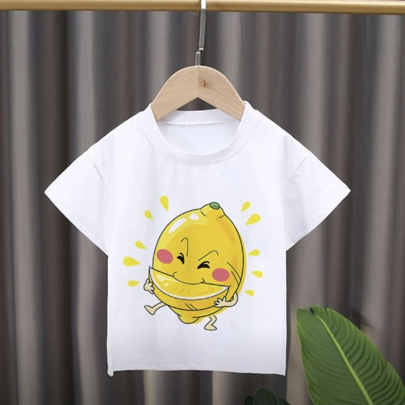 Nuovo stile per bambini Cartoon Fruit Print Girocollo T-shirt a maniche corte Vestiti per ragazza Vestiti per ragazzi Vestiti per bambini Tessuto modale