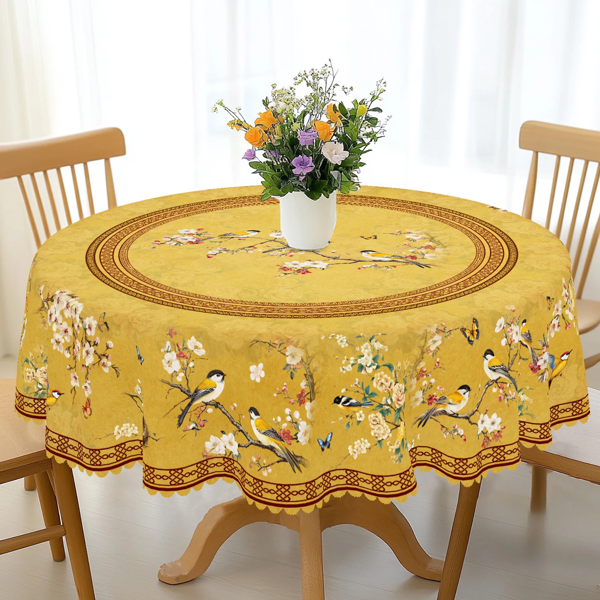 Nappe ronde à imprimé fleur et oiseau de style rétro, 5 tailles disponibles, nappe carrée avec ombrage rétro, motif imprimé fleur de prunier et oiseau, processus de gaufrage des bords, décoration quotidienne de nappe de jardin, nappe pour une cuisine domestique, une terrasse, printemps et été