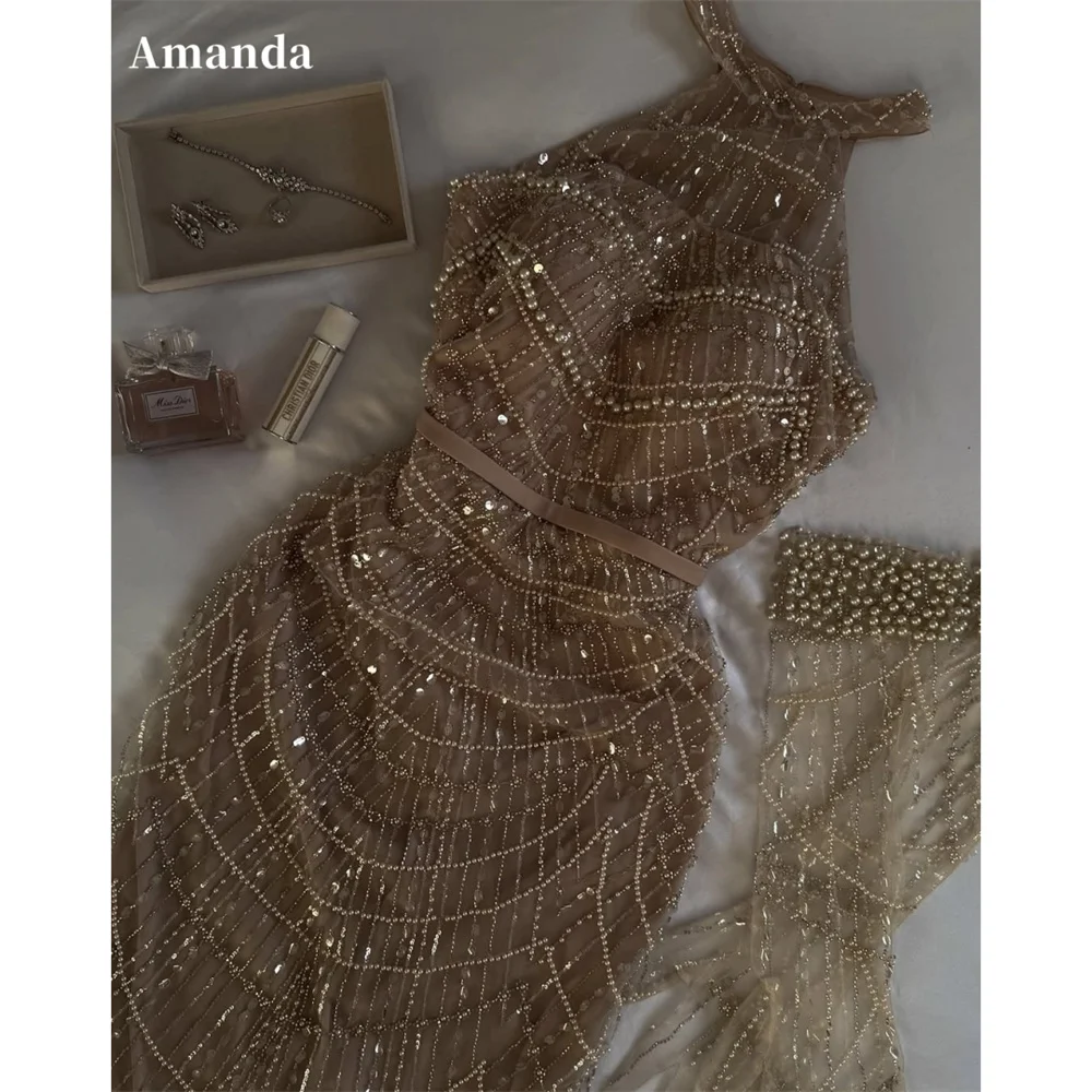 

Amanda Customized Sheath High Neck Beaded Prom Dresses Luxury Waist Cinching vestidos de noche With Sheer Gloves Formal Evening