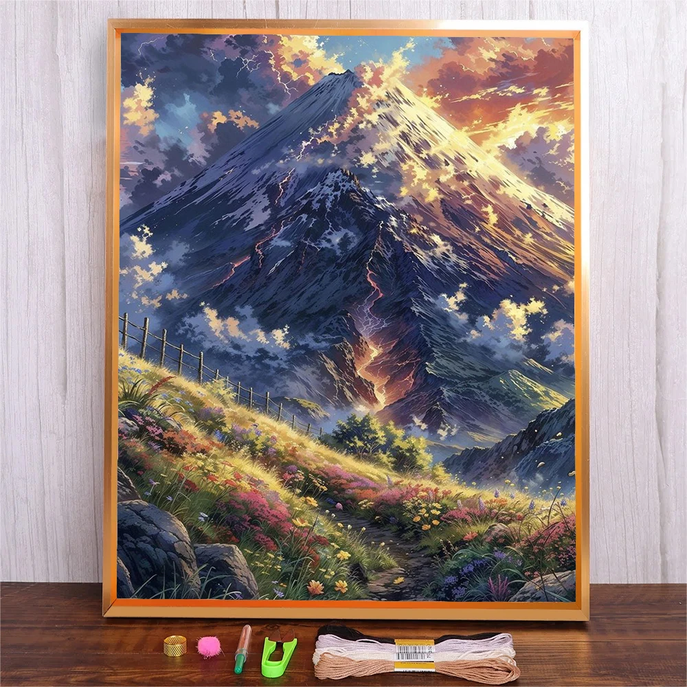 

11CT Printed Mountain Landscape Cross Stitch Kit Handmade Art Gift Scenery Full Patterns Embroidery Eco-cotton Thread Set